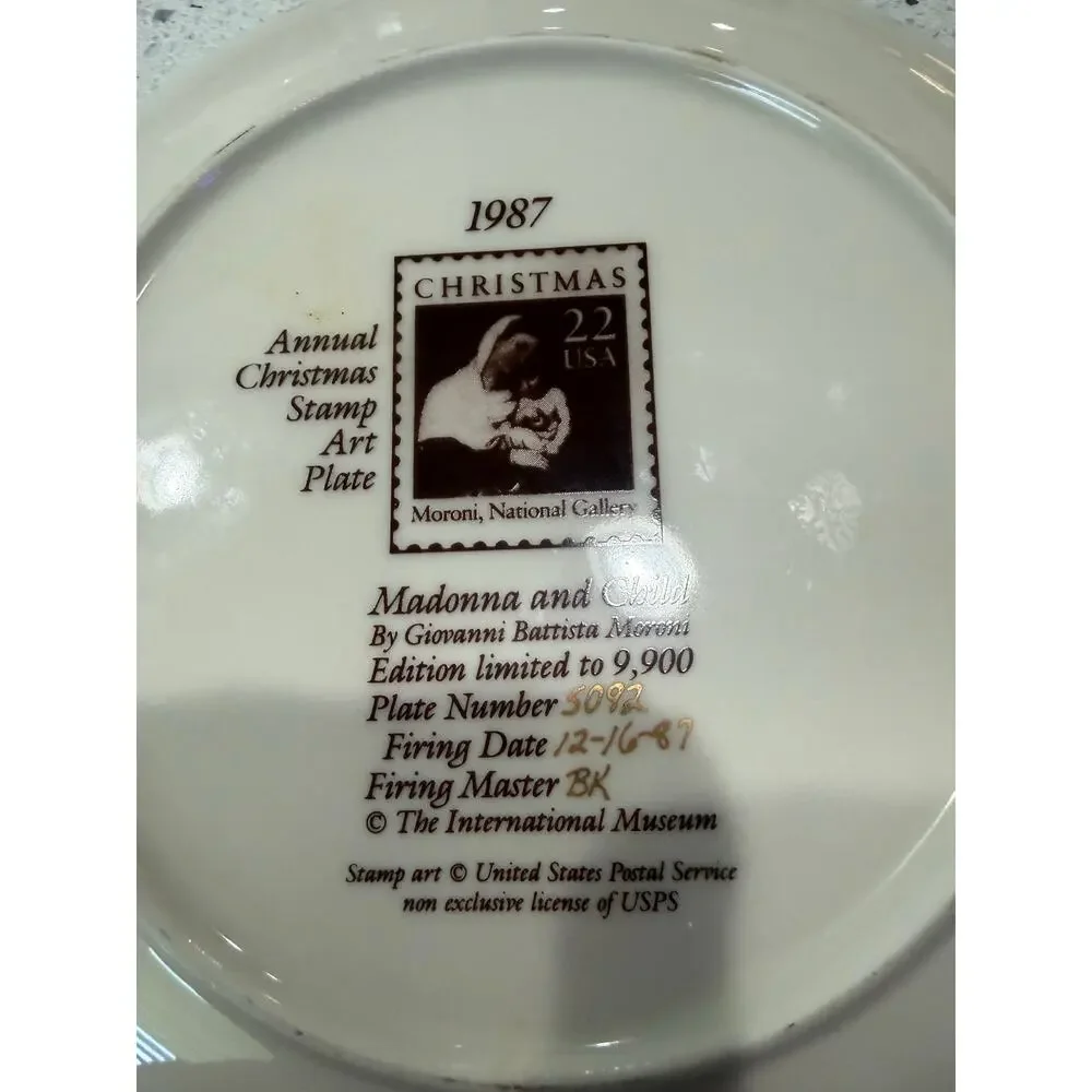 1987 Annual Christmas Stamp Art Plate Madonna l Child Limited Edition Collector